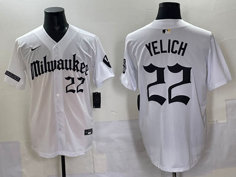 Men 2025 Milwaukee Brewers #22 Yelich White Five generations Joint Name Nike MLB Jersey style 02